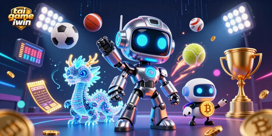 Engage with tai game iwin in this dynamic 3D scene featuring a cyberpunk mascot and gaming elements.