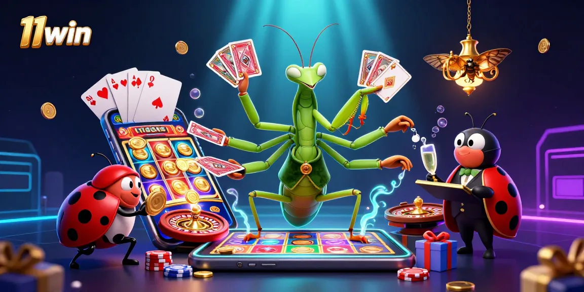 Experience the excitement of 11win with a vibrant casino-themed scene featuring a praying mantis card sharp and a ladybug pit boss.