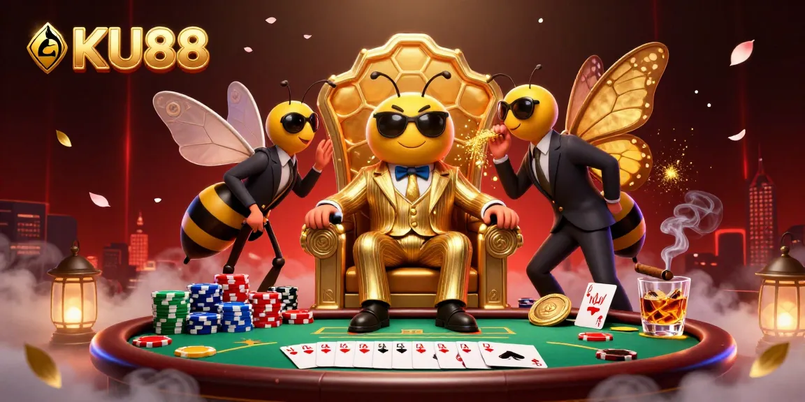 KU88 casino scene showing a bumblebee mob boss playing poker with rich details and game elements.