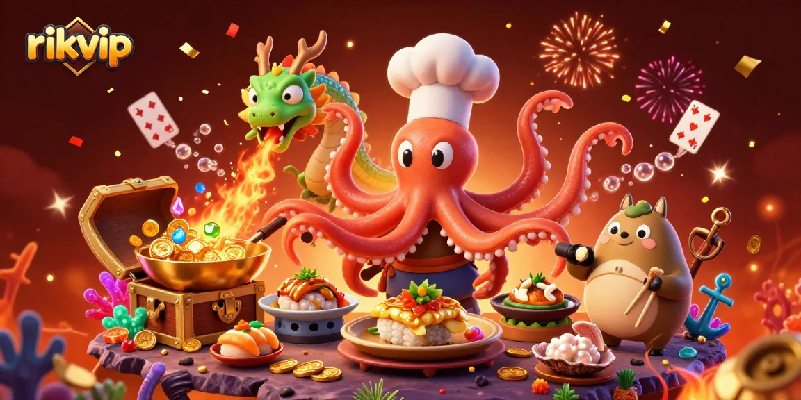 Experience thrilling gameplay at rikvip with an octopus sushi chef and a dragon in a dynamic casino scene.
