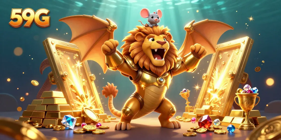 Experience thrilling gameplay with 59G's dynamic treasure-filled casino atmosphere, featuring a majestic chimera creature.