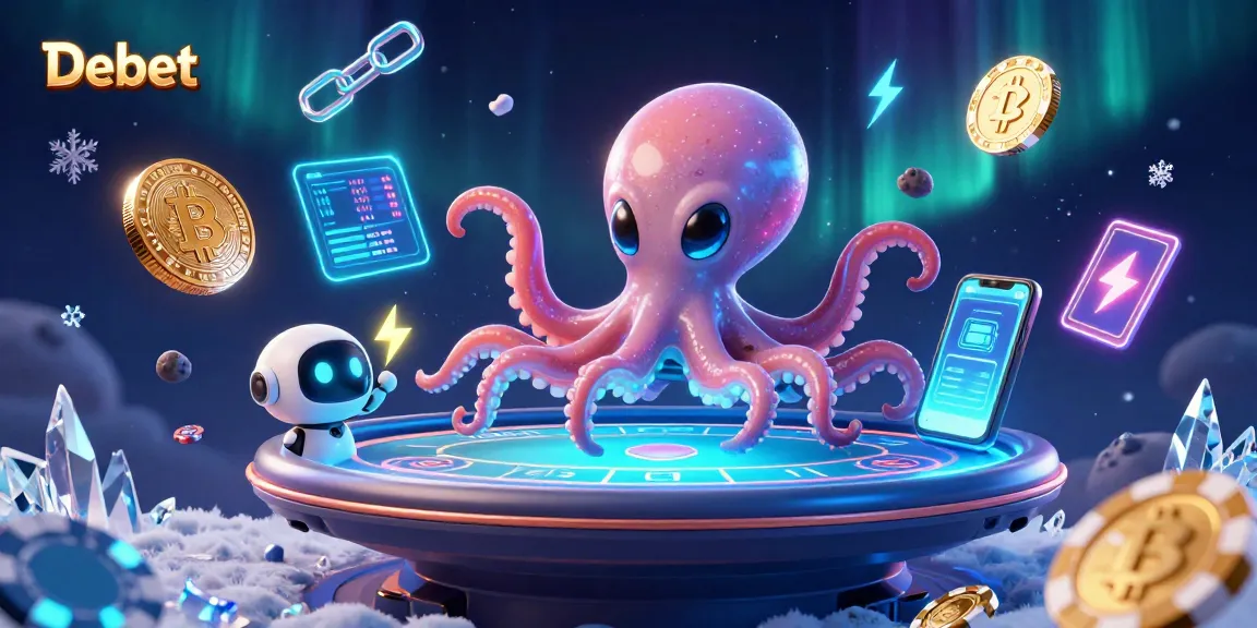 Experience the exciting world of Debet with a 3D alien octopus managing a holographic poker table amidst crypto elements.