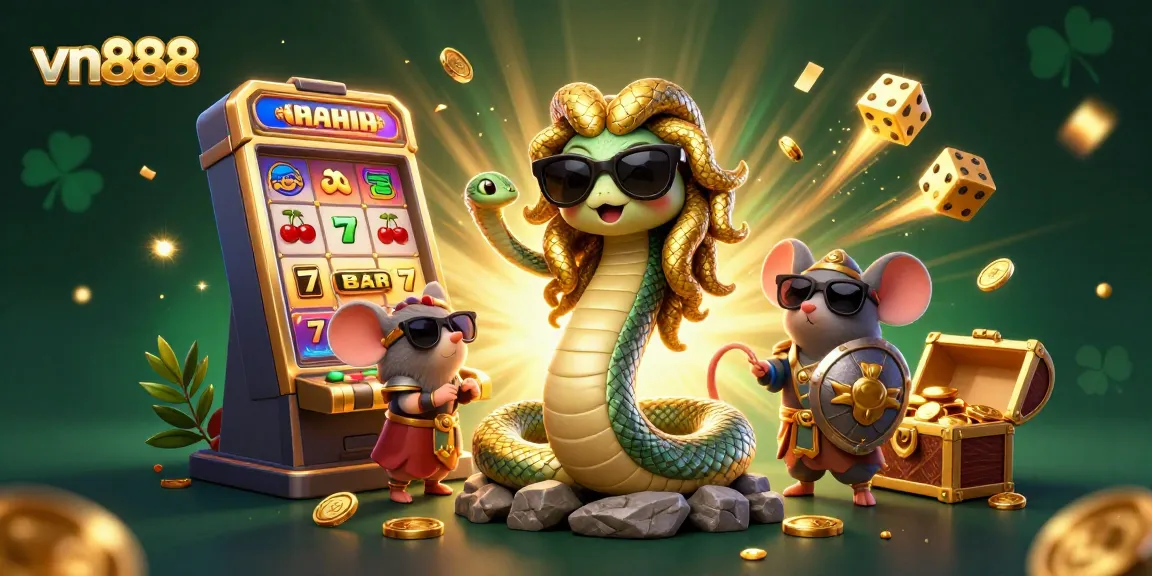 Engage with vn888’s vibrant casino experience featuring a friendly Medusa and warrior mouse amidst exciting game elements.