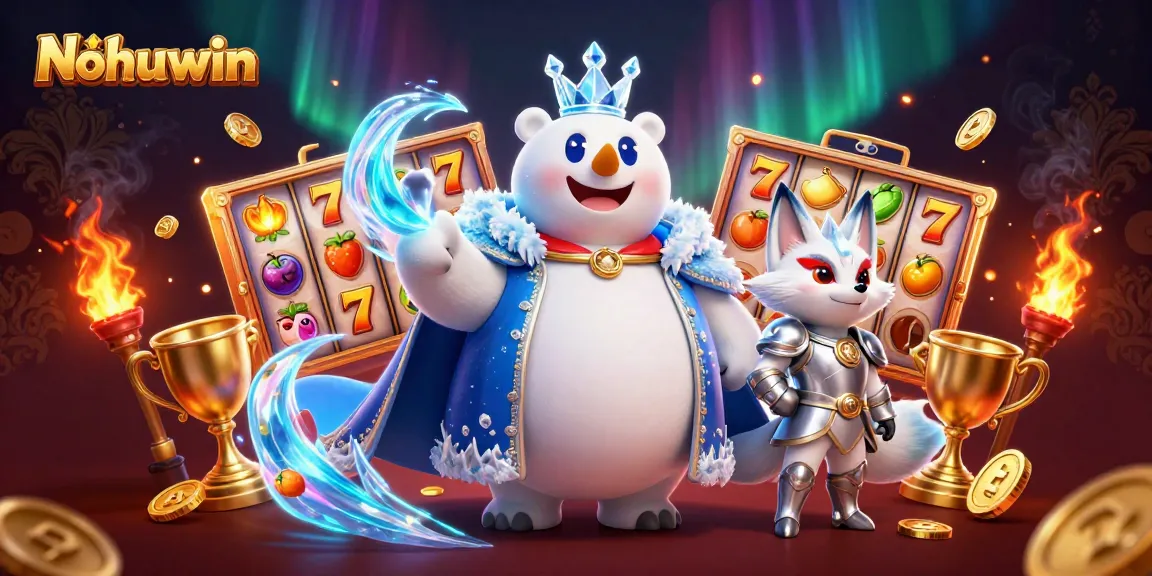 Nohuwin slots king bear and fox celebrate exciting jackpot wins in a vibrant casino.