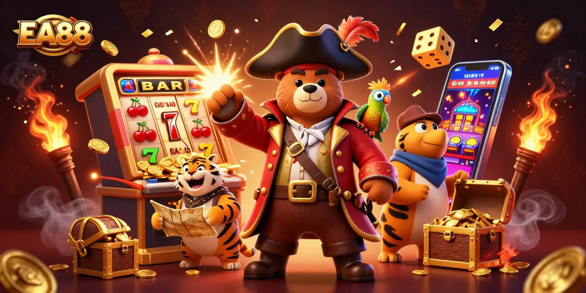 Spin the reels in EA88's stunning casino adventure featuring vibrant slot machines and gold coins galore!