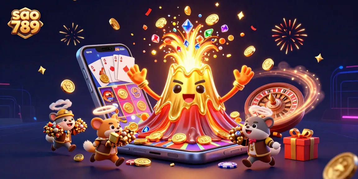 Experience the excitement of winning at sao 789 with this vibrant, animated casino illustration featuring a gold volcano and treasure.