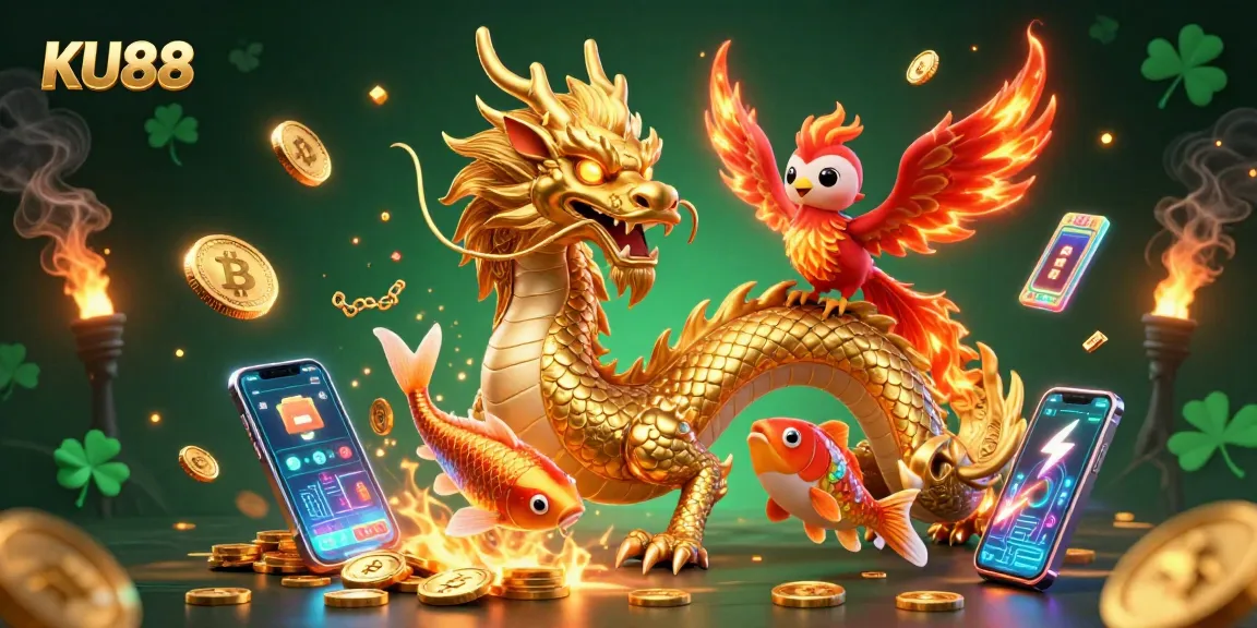 Experience thrilling gaming with KU88, featuring a majestic dragon, phoenix, and coins showering down.