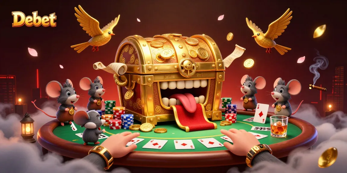 Experience thrilling poker action with Debet’s enchanting treasure chest scene.