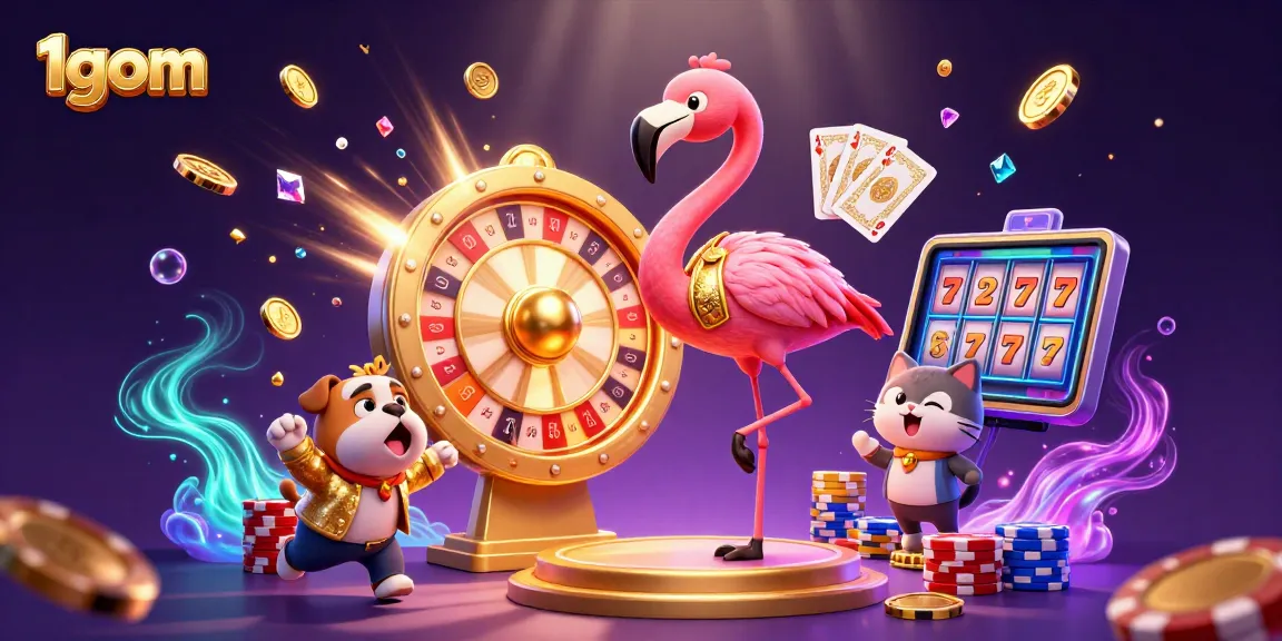 1gom spinning the prize wheel with golden coins and excited players in a dynamic casino scene.