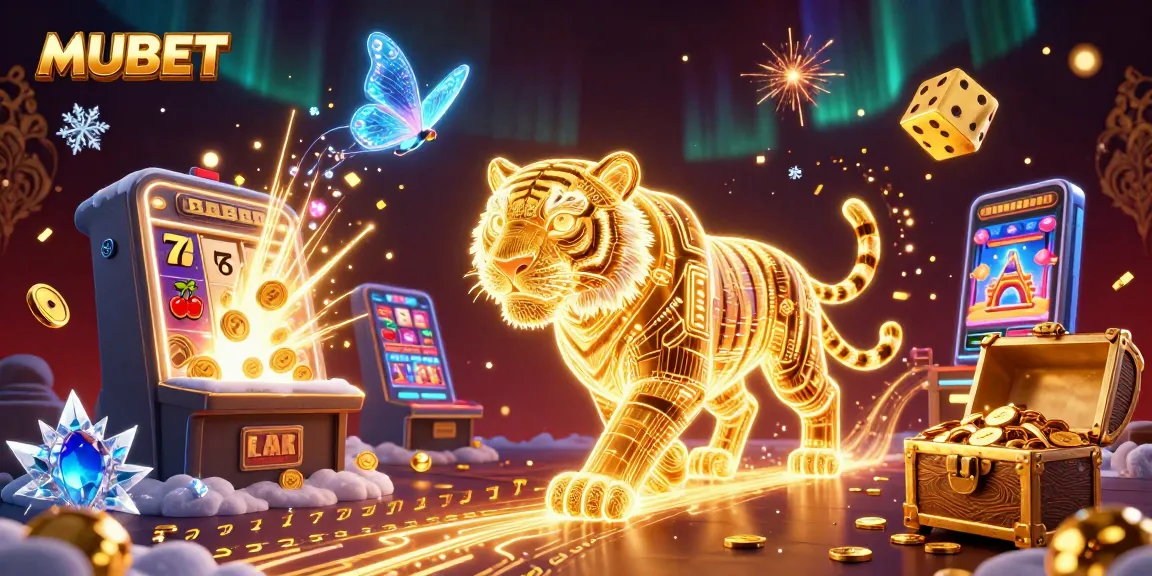 MUBET showcases a vibrant digital casino scene with a neon tiger and slot machine bursting coins.