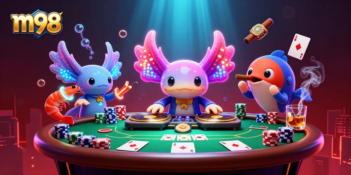 Engage with m98 gaming action in a vibrant underwater casino scene featuring unique characters and poker elements.