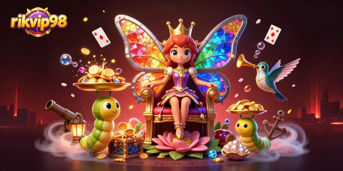 Experience the vibrant world of rikvip98 with a majestic butterfly queen and rich gaming elements in a casino atmosphere.