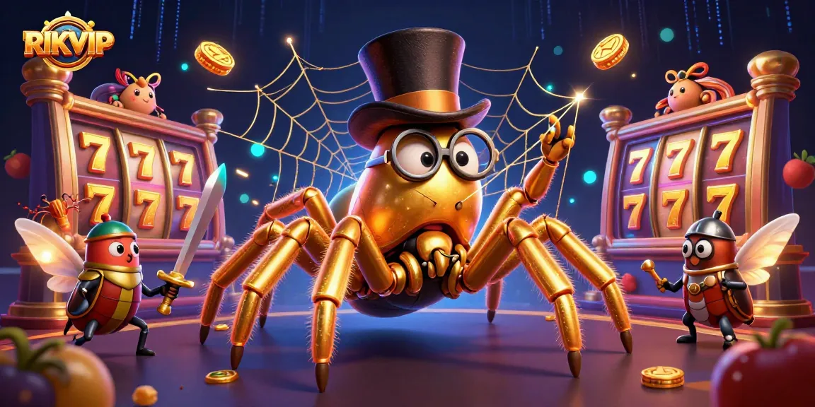 Spin the reels with RIKVIP, showcasing vibrant slot symbols and dynamic characters in a rich casino scene.