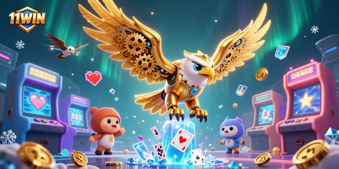 11WIN showcases a vibrant 3D scene of a cybernetic eagle diving through holographic cards, emphasizing dynamic gameplay.