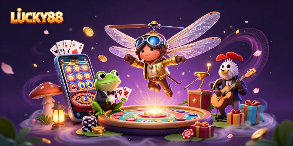 Experience LUCKY88 with vibrant casino action featuring a dragonfly pilot and frog dealer within an enchanting scene.