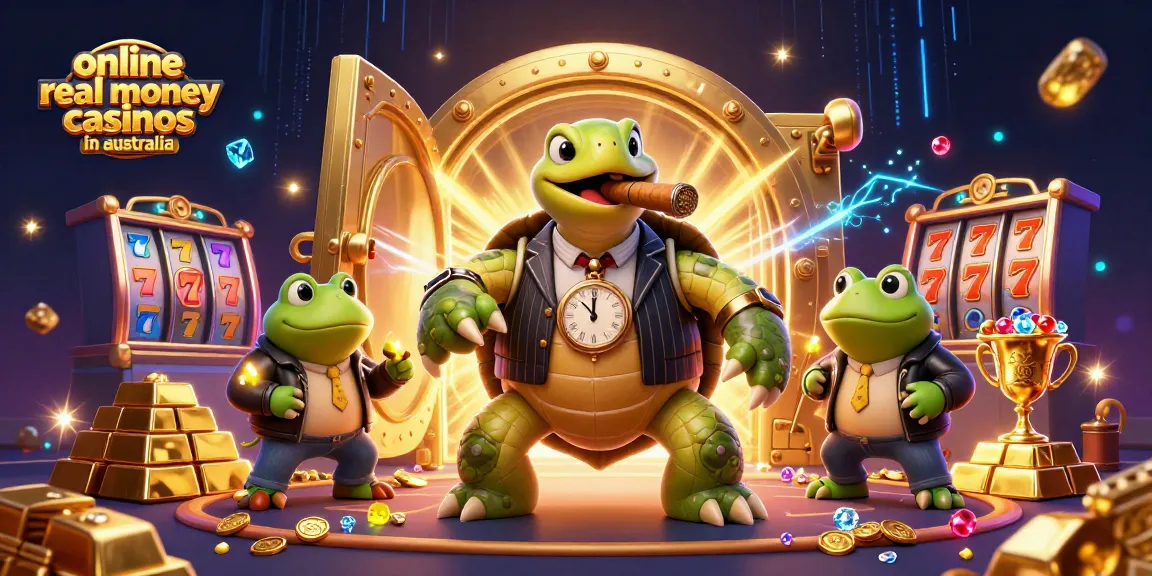 Experience thrills at online real money casinos in Australia with a vibrant casino scene featuring a mobster turtle.