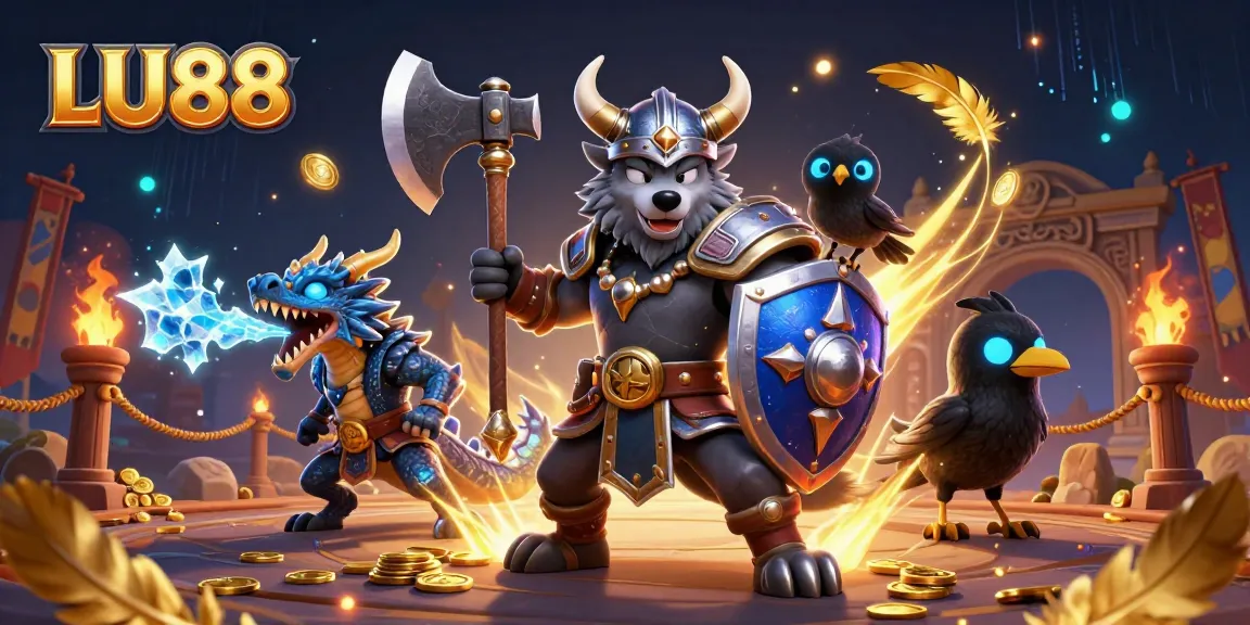 Engage in thrilling action with LU88 featuring a Viking warrior, dragon, and mystical casino elements.