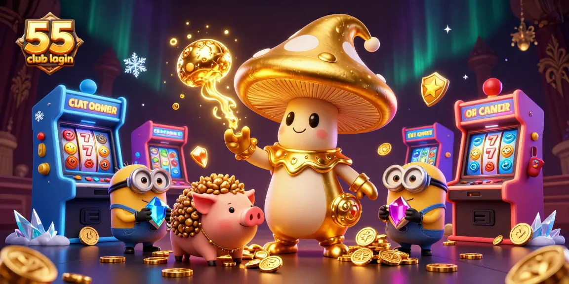Engage with the 55 club login to access treasures and game magic featured in a vibrant casino scene.