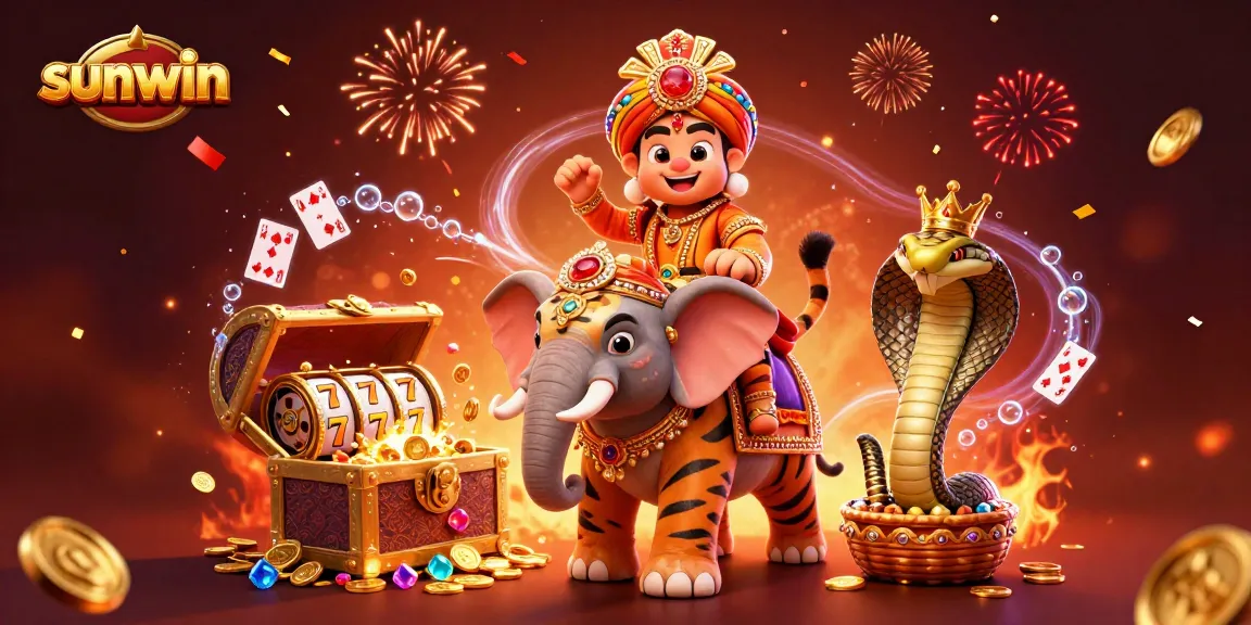 Celebrate wins with sunwin in a vibrant 3D casino illustration packed with colorful game elements.
