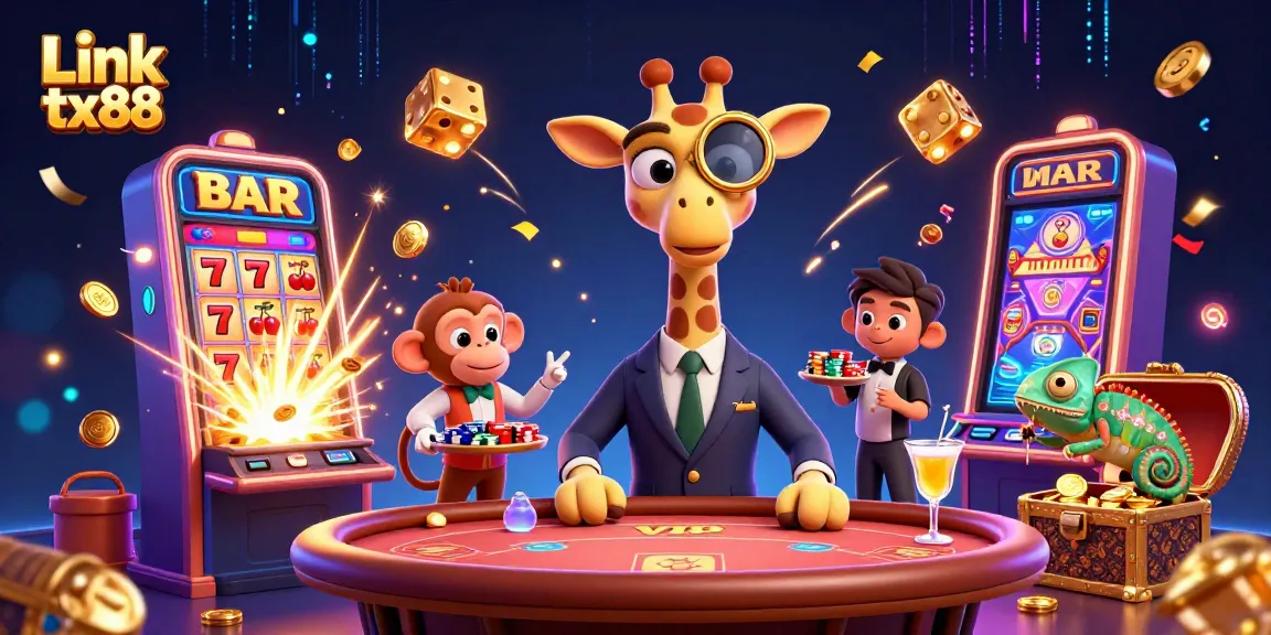 Link tx88 showcases a vibrant 3D fantasy casino scene with engaging characters and rich gambling elements.